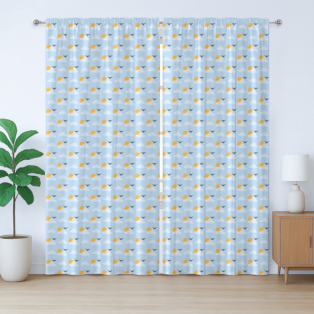 ABAKUHAUS Rustiek Wolkengordijn, Zomers Weer Design, Slaapkamergordijn met Plissébanden, Lussen en Haken, 280 x 175 cm, Babyblauw Goudsbloem
