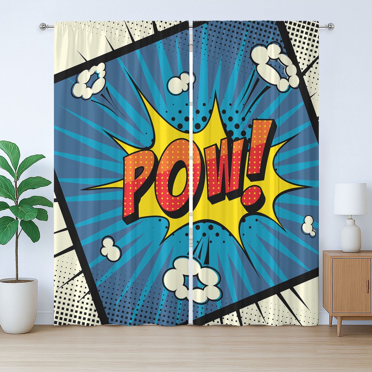ABAKUHAUS Blauw Geel Vintage Rustiek Gordijn, Pop Art Pow, Slaapkamergordijn met plooien, lussen en haken, 280 x 260 cm, Ivoor Meerkleurig