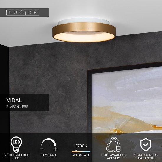 VIDAL Plafonnier LED dimbaar, 2700K warm wit, messingkleurig, mat goud.