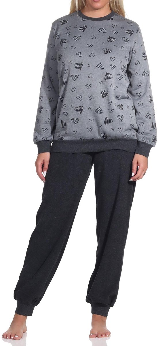 Normann Dames badstof pyjama met manchetten Pyjama in grote hartjes look - ook in overmaten anthrazit-melange