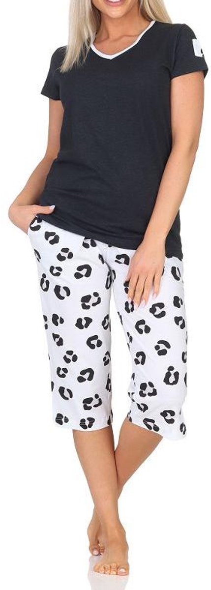 Normann dames capri pyjama shorty korte mouwen in zachte jersey met dierenmotief anthrazit-mel.