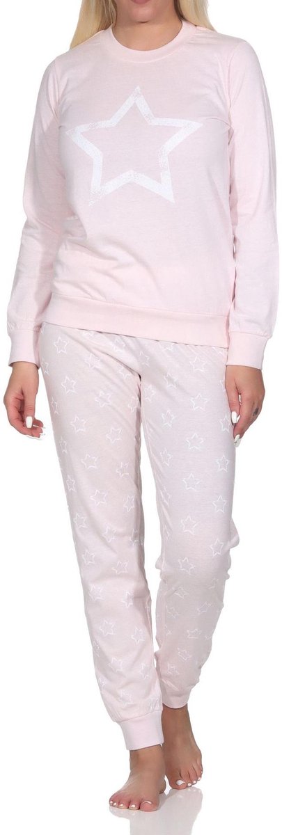 Normann damespyjama met lange mouwen en manchetten in een mooie sterrenlook rose