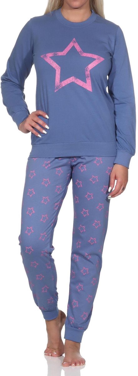 Normann damespyjama met lange mouwen en manchetten in een mooie sterrenlook blau