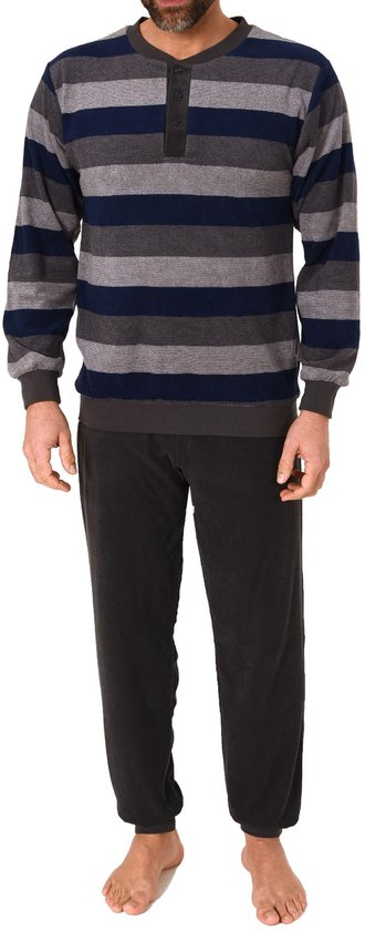 Normann Badstof pyjama voor heren met manchetten in strepen look, ook in extra grote maten, Donkerblauw, 56