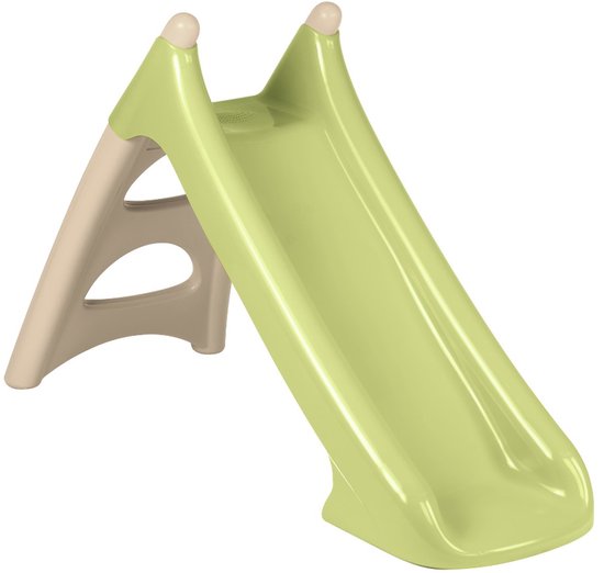 Groene glijbaan met beige steun, staande op de grond.