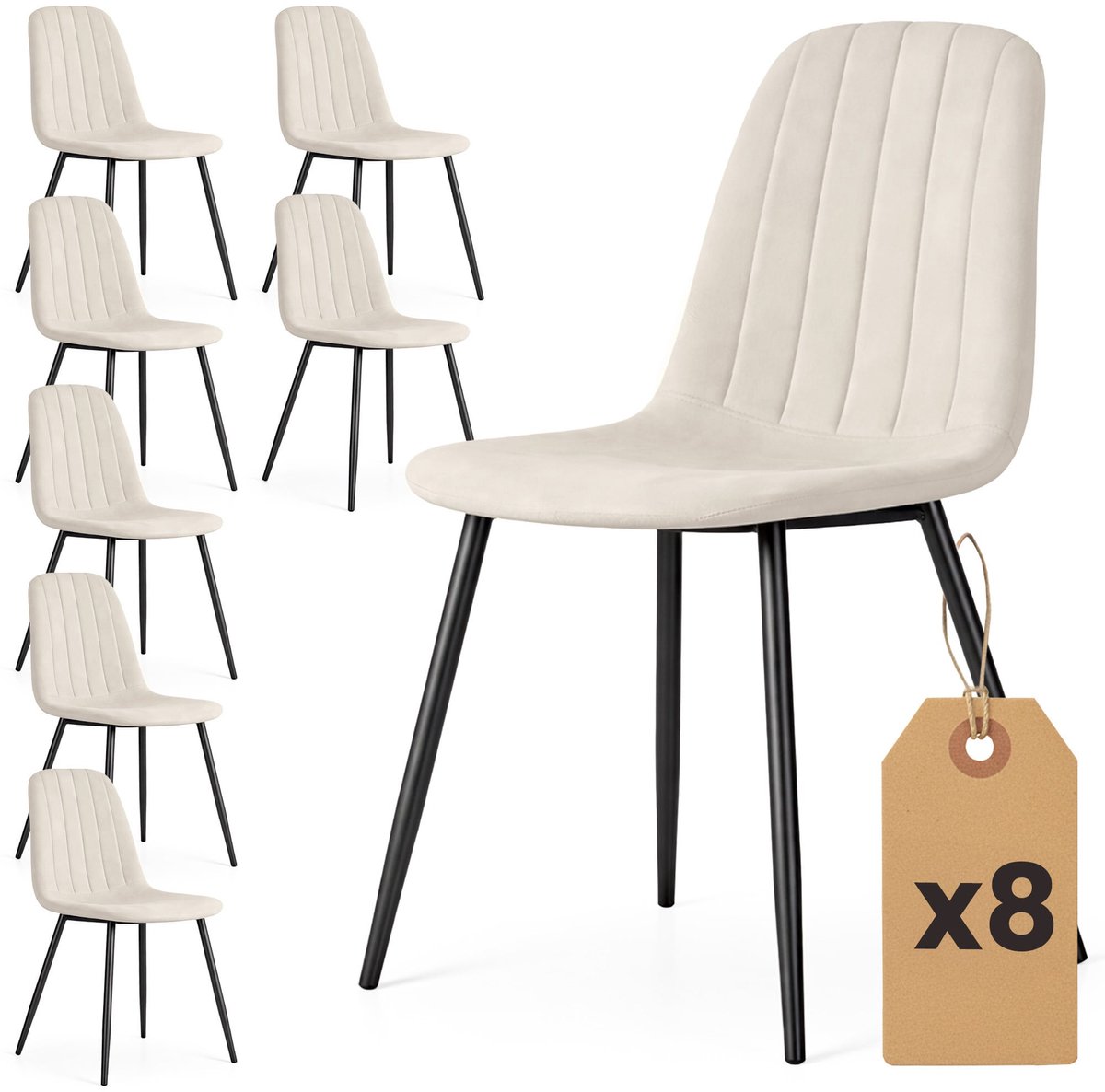 Set van 8 Eetkamerstoelen LUMO / Gestoffeerde Stoelen / Fluwelen Stoelen en Metalen Poten / Beige met zwarte benen