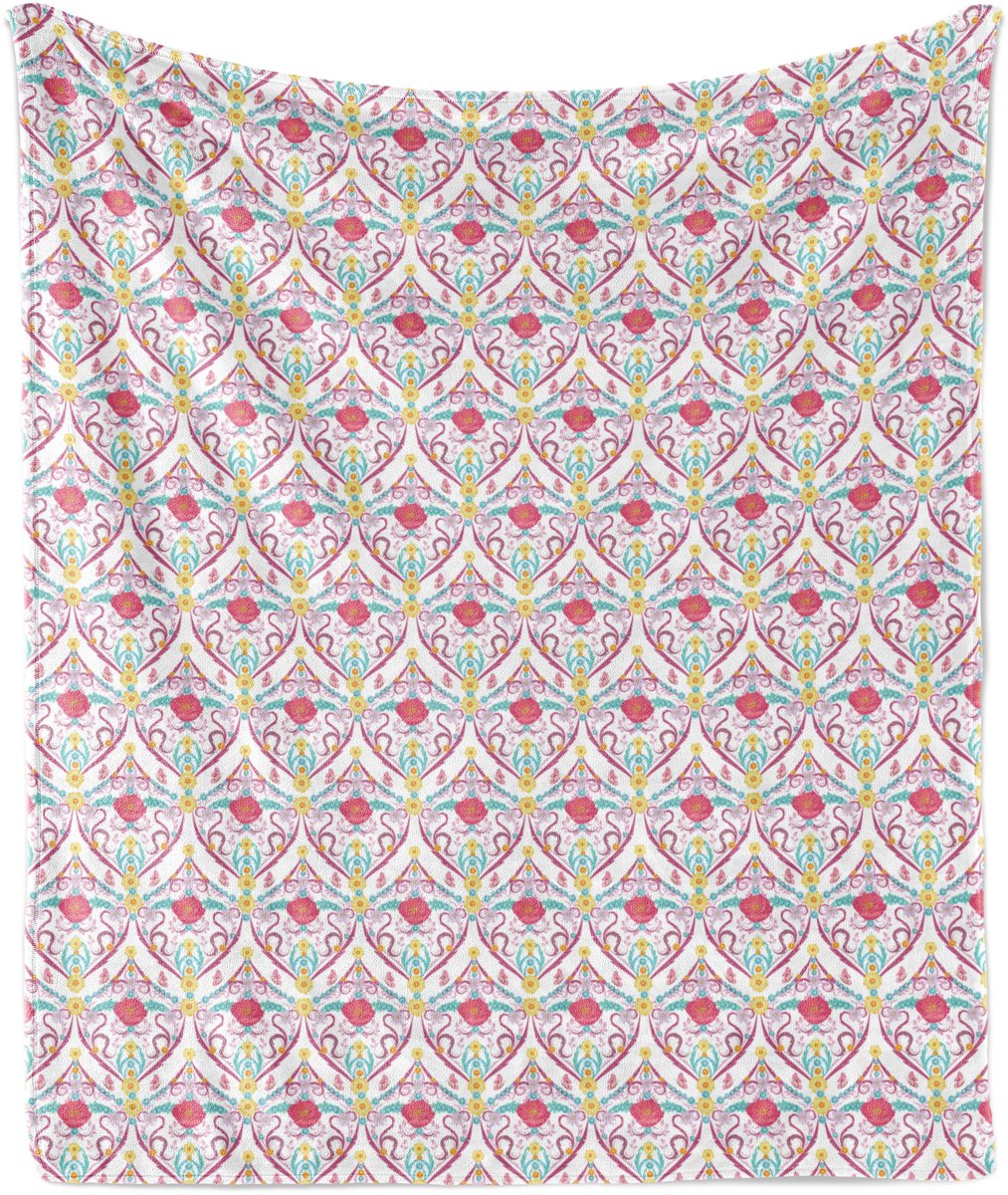 ABAKUHAUS Boho Zachte Flanellen Fleece Deken, Bloemenpatroon, Gezellige Pluche Plaid, 125 x 175 cm, Wit Roze Blauw Multicolor