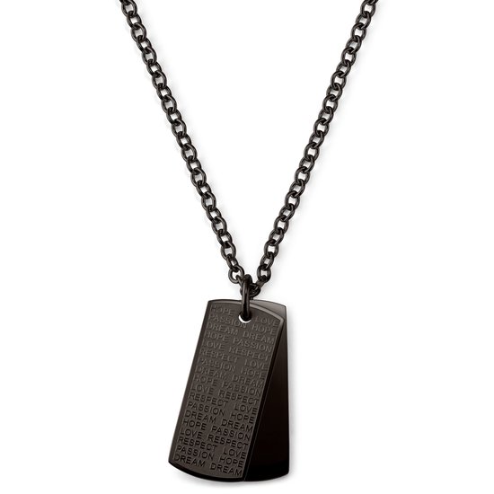Zwarte dogtagketting met tekst: LOVE, HOPE, DREAM, PASSION, RESPECT, LOVE, HOPE, DREAM, PASSION, RESPECT.