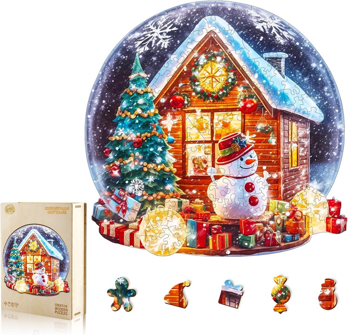 Houten Puzzel met Onregelmatige Stukjes - Kersthuisje