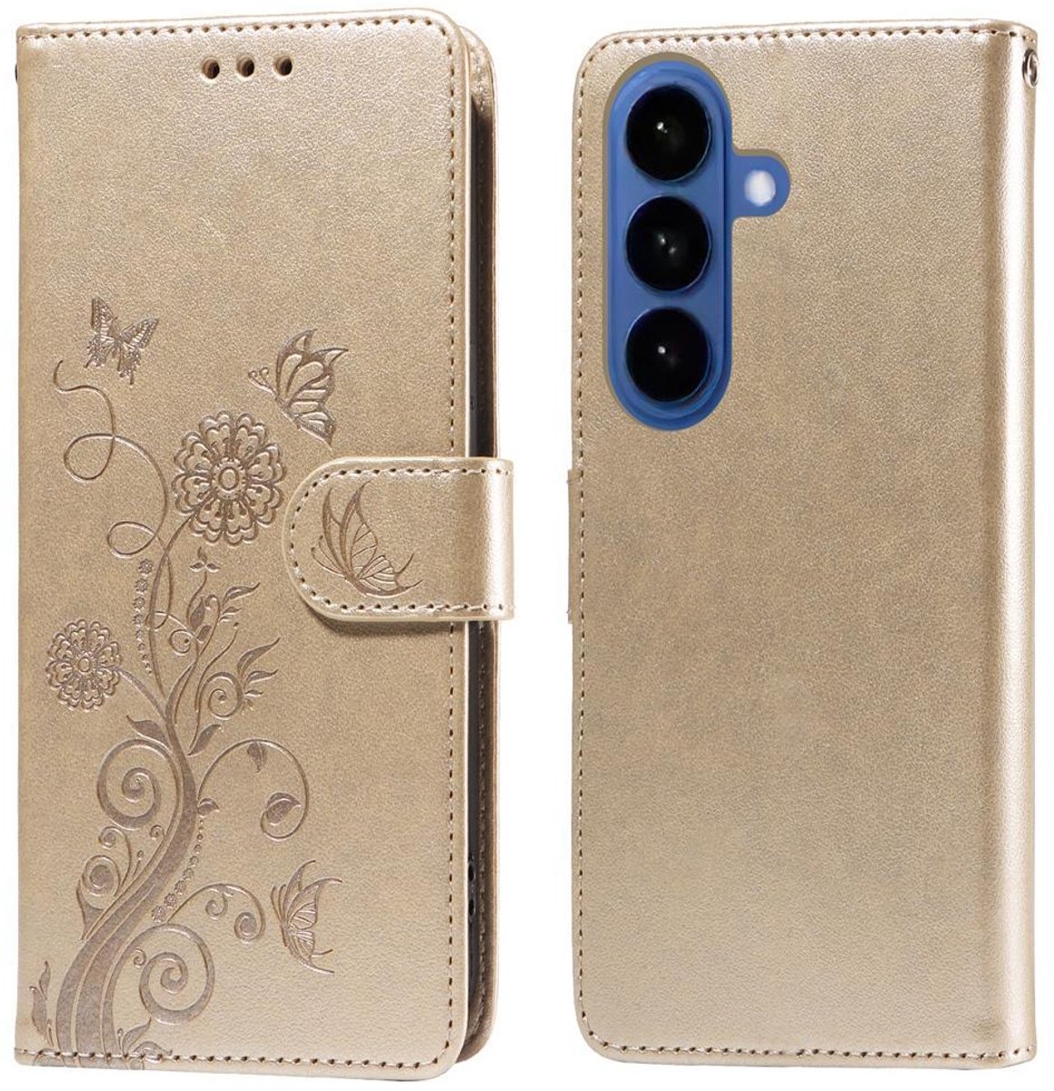 Mobigear Telefoonhoesje geschikt voor Samsung Galaxy S26 Plus Hoesje | Mobigear Flowers Bookcase Portemonnee | Pasjeshouder voor 3 Pasjes | Telefoonhoesje voor Pinpas / OV Kaart / Rijbewijs - Goud