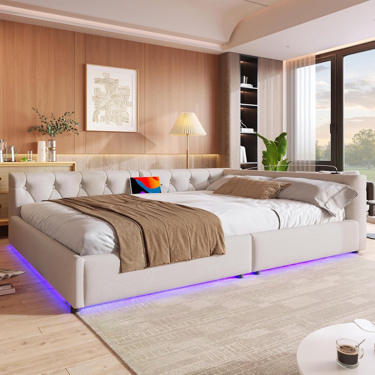 Sofa Bed Tweepersoons 140x200 cm met Lattenbodem, Inclusief LED en USB/Type-C Opladen - Beige Dagbed