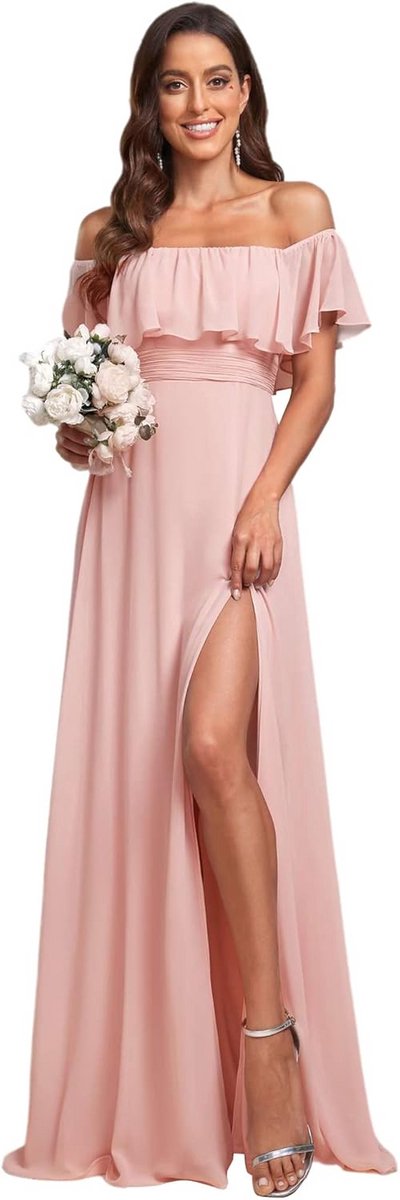 Lange Elegante Avondjurk met Split en Off-Shoulder Halslijn voor Dames