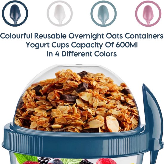 2x Grote Herbruikbare Yoghurtbekers 600ml met Deksel en Lepel - Lekvrije Opslag Ontbijt & Granen To Go — afbeelding 5