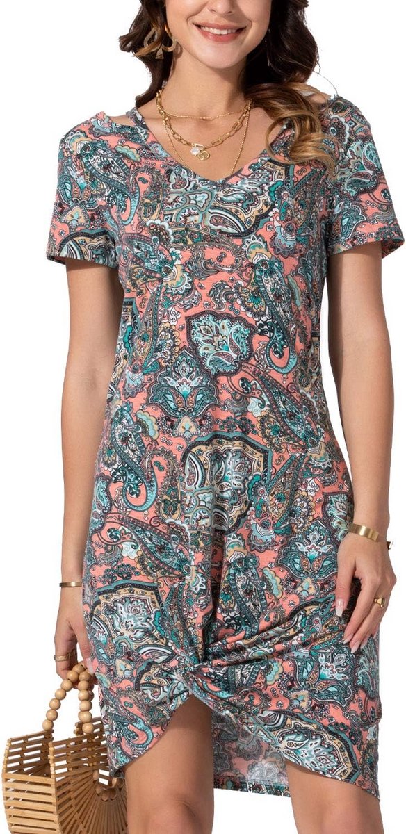 Losse Casual Jurk Dames met V-Hals en Korte Mouwen - Zomer Strandjurk