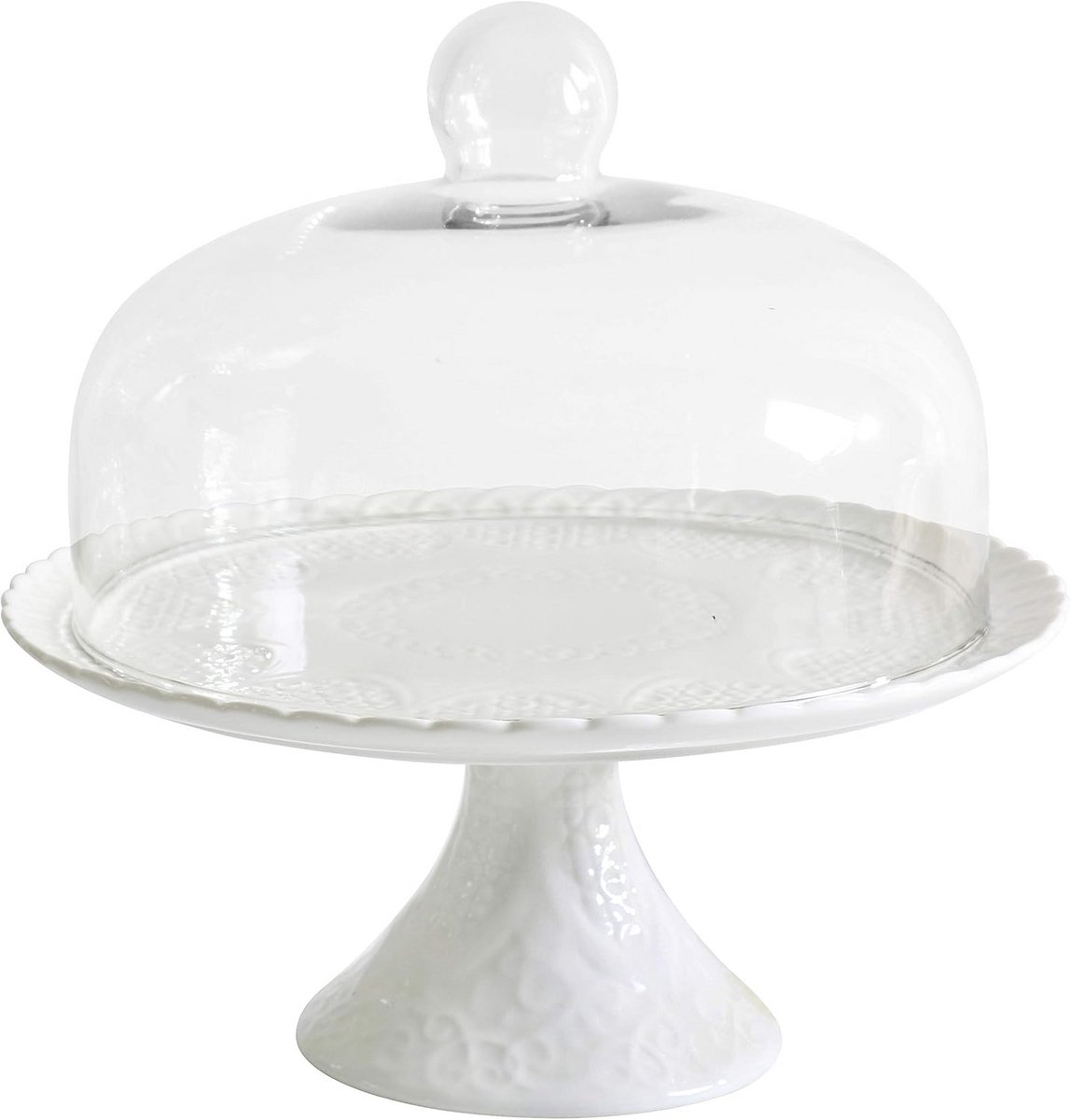 Witte Porseleinen Taartplateau met Glazen Stoomkoepel - Decoratieve Cupcake Standaard
