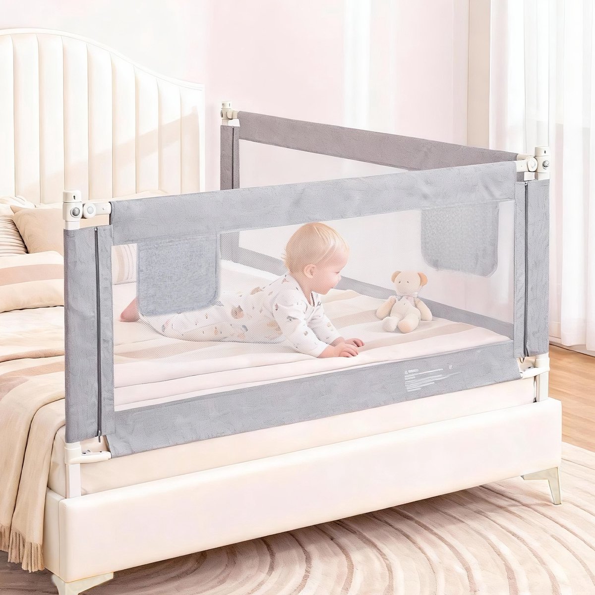 Soontrans - Verstelbaar Hoogte Bedhekje - Extra Lang 180cm Universeel Bedrail - Bedrek Uitvalbescherming met Fixatieband - Kinderbedhek - Opbergvakken Aan de Zijkant - Stand Safe Blokkade - Grijs - 1 Zijde