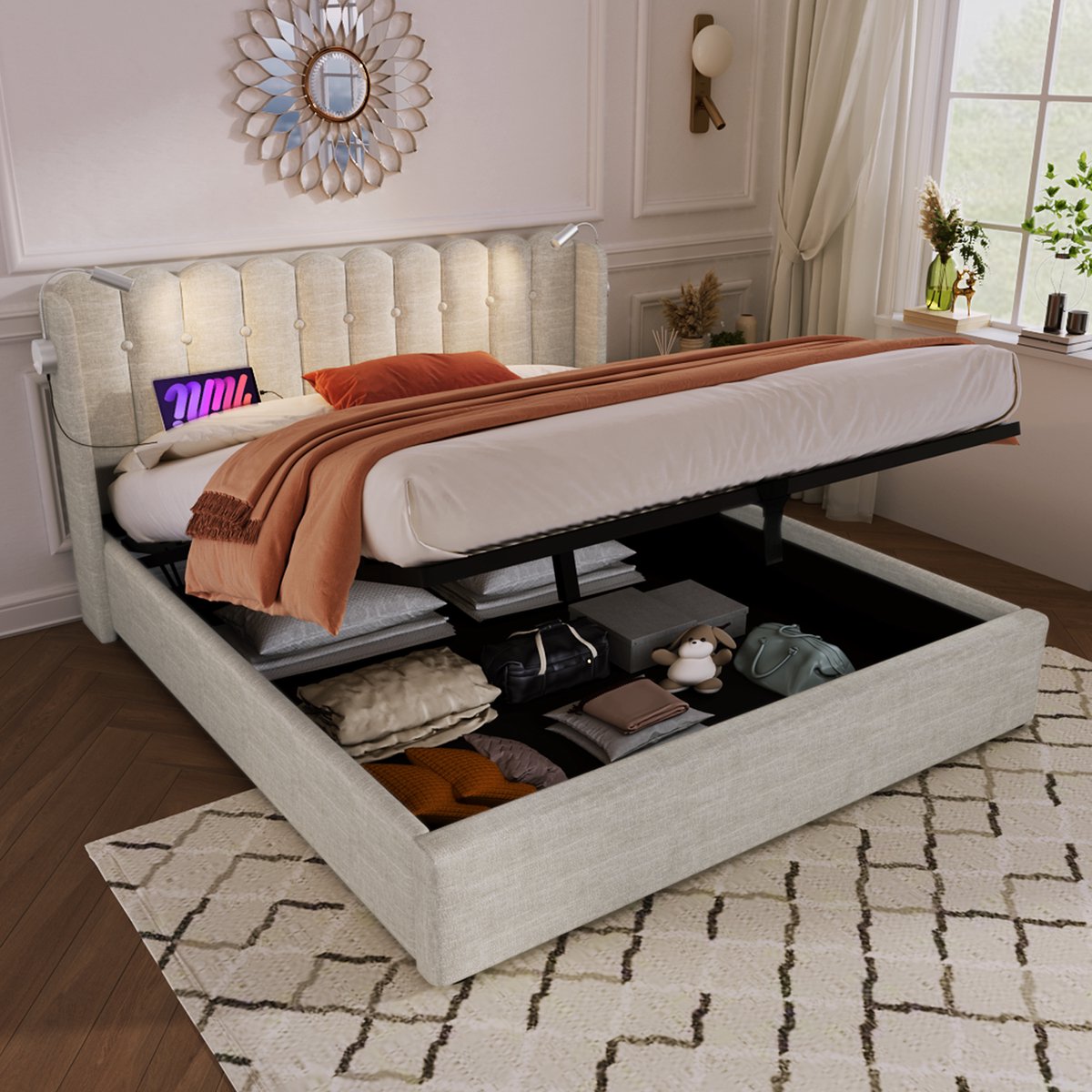 REDOM Opbergbed 140x200 cm – Linnen Naturel – Rustiek hoofdbord met leeslamp – Hydraulisch