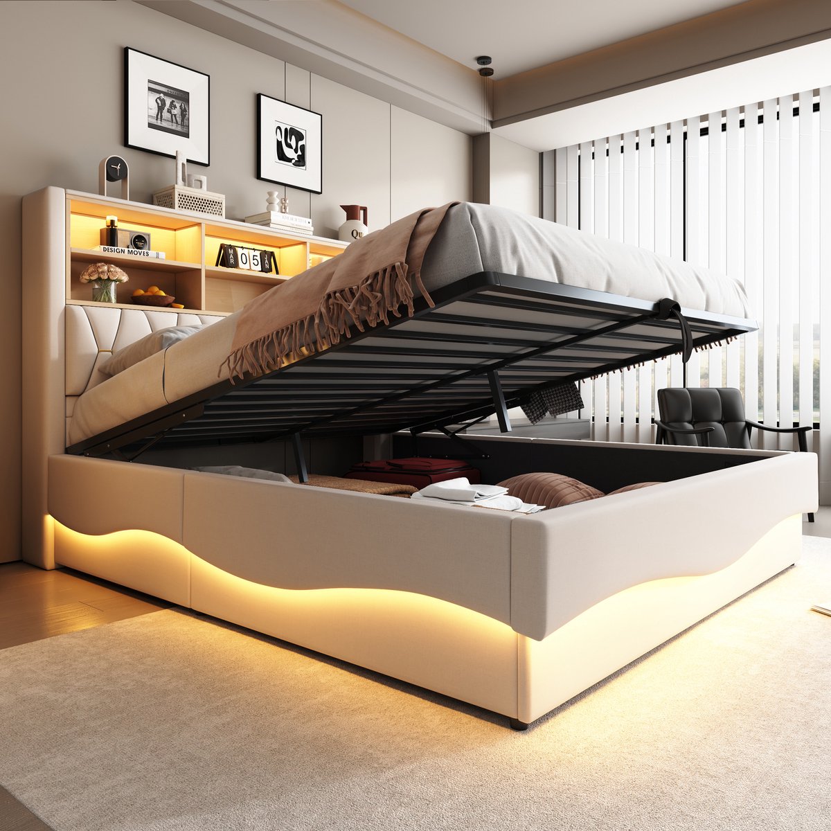 REDOM Opbergbed 180x200 cm – Linnen – Hydraulisch – LED & USB – Beige – 350 kg