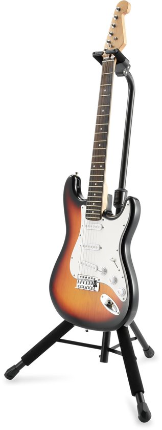 Elektrische gitaar met sunburst afwerking, wit slagplaat, op een zwarte standaard.