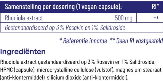 Ingrediënten: Rhodiola extract gestandaardiseerd op 3% Rosavin en 1% Salidroside, HPMC (capsule), microkristallijne cellulose (vulstof), magnesium stearaat (anti-klontermiddel), silicium dioxide (anti-klontermiddel).