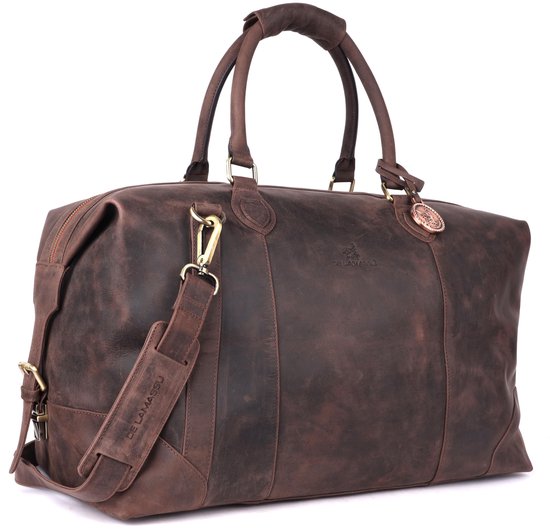 DE LAMASSU® (Rafael) sac de voyage en cuir véritable – week-end unisexe 50 × 35 × 28 cm – bandoulière réglable, extensible avec boucles latérales, pieds de protection, emballage cadeau