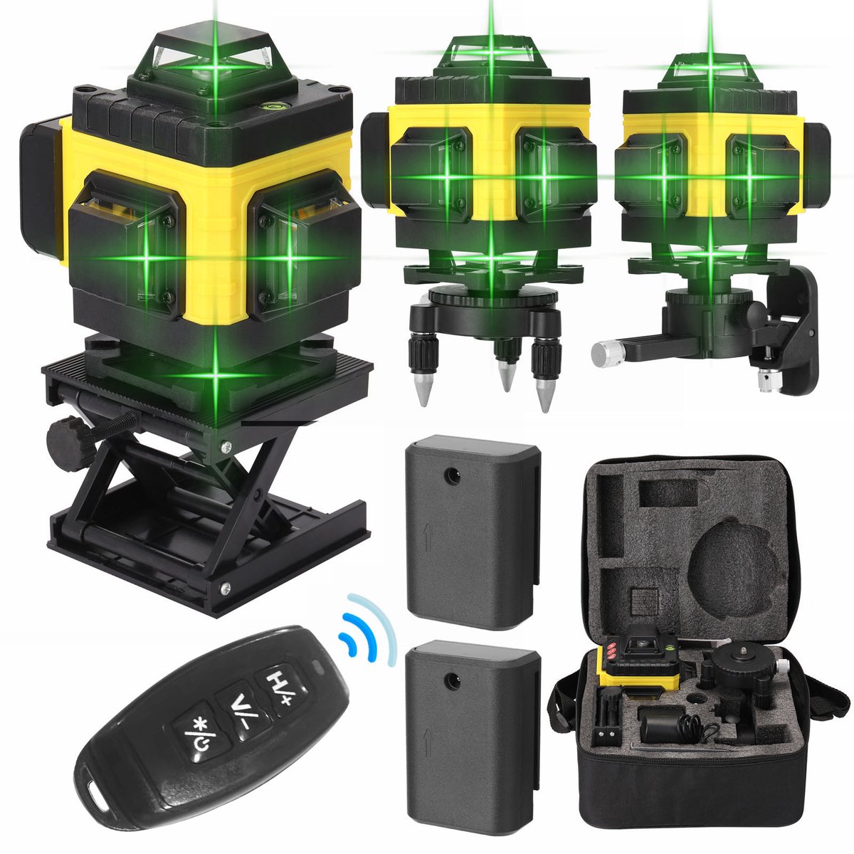 4D 16-Lijn Laserwaterpas Set – Groene Laser – Zelfnivellerend ±3° – 360° Horizontale & Verticale Lijnen – Met 2 Oplaadbare Accu’s – Wandhouder – Hefplatform – 1/4"-5/8" Adapter