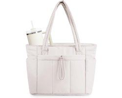 Tote Bag - Handtas - Tas Met Bekerhouder - Dames donstas - Gepolsterde Modern Pufferstijl Met Laptopvak En Trolley Sleeve - 1 Stuk - Wit