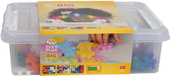 Plus-Plus BIG opbergbox met 200 stuks, gesloten en vol met kleurrijke bouwstenen, met een afbeelding van een kindje.