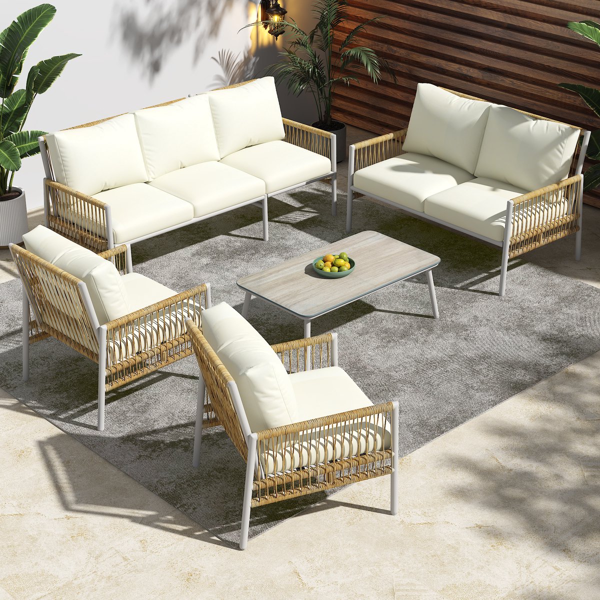 Tuinmeubelset 7-Zits - Hoekbank met Salontafel - Afneembare Kussens - PE-Rattan - Beige