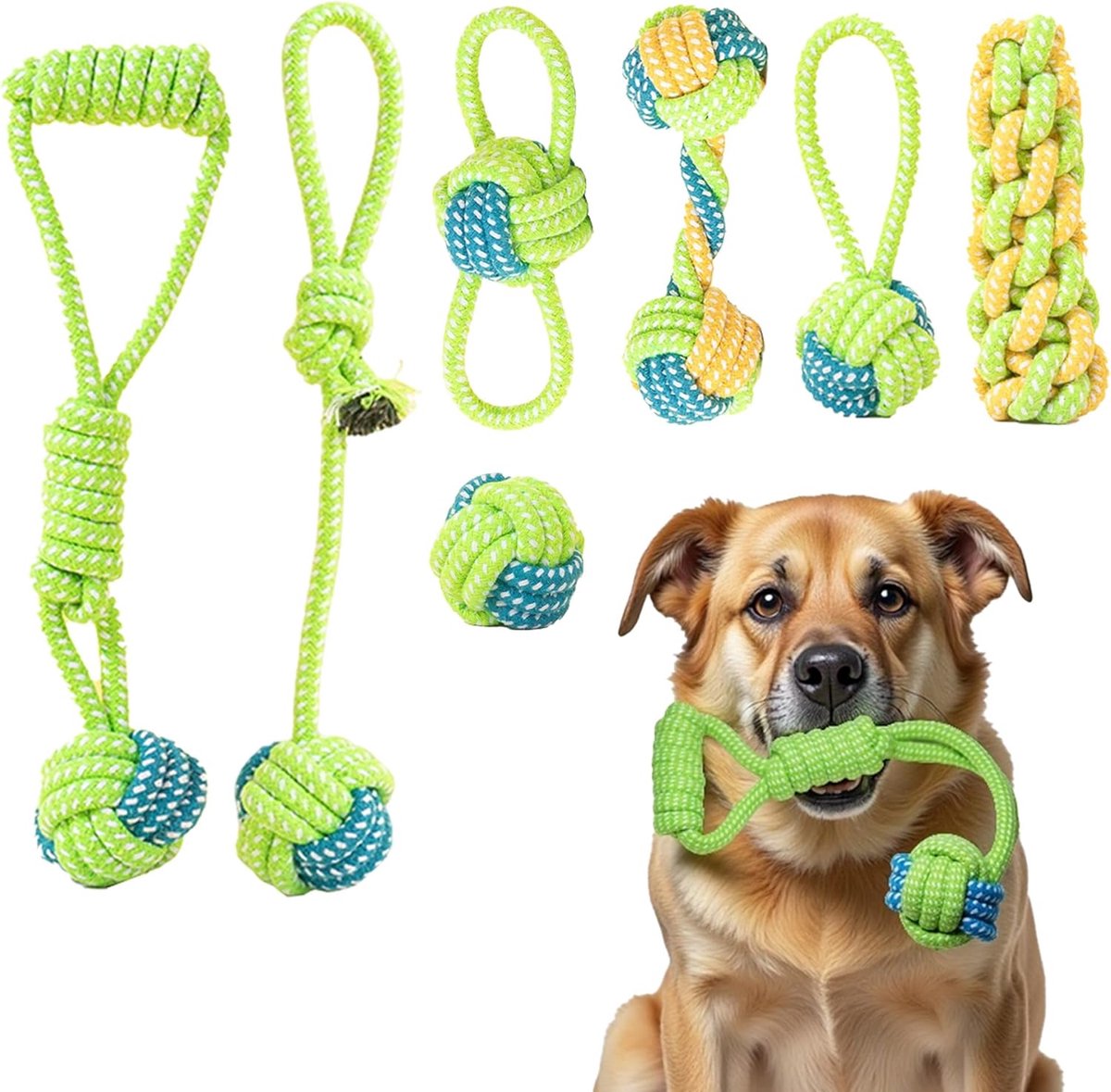 Daity Set van 7 hondentouwspeeltjes, interactief en kauwbestendig, geschikt voor kleine en middelgrote honden,verlicht verveling, ideaal voor honden die graag kauwen, katoenen touwknoopspeeltjes voor puppy's om de tanden te reinigen.