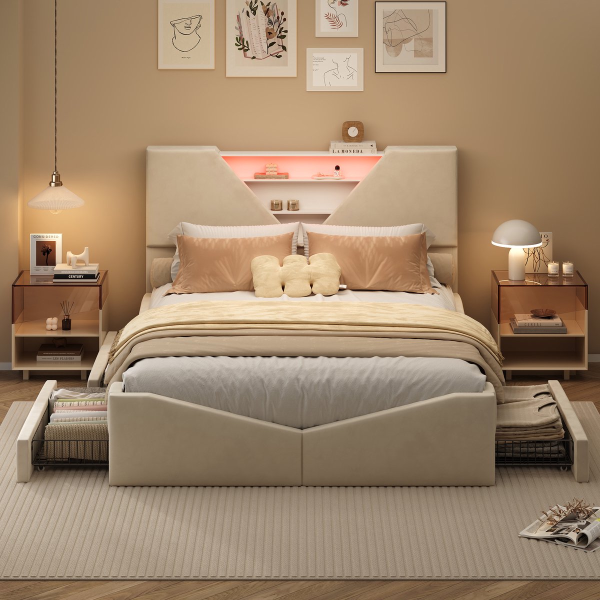 Tweepersoonsbed 160x200 cm – Opbergbed Met Gestoffeerd Hoofdbord, Geometrisch Design, Ingebouwde LED en 4 Laden, Voor Volwassenen en Jongeren, Beige Fluweel