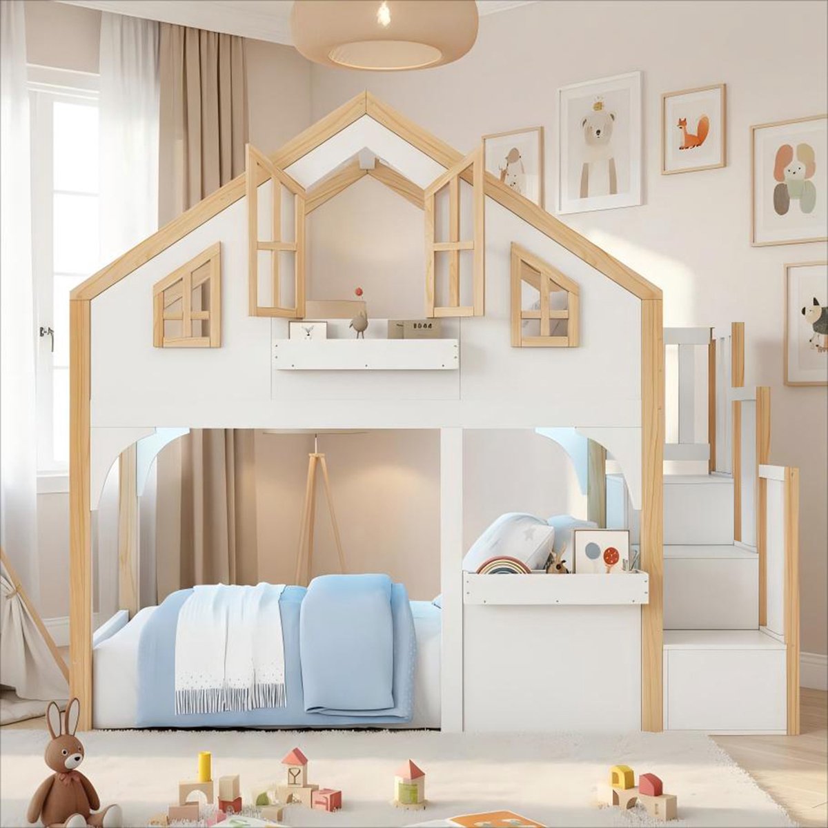 REDOM hoogslaper 90x200 cm – Grenenhout + MDF wit – Huisbed, opbergtrap, LED (app), raamvorm – 120 kg