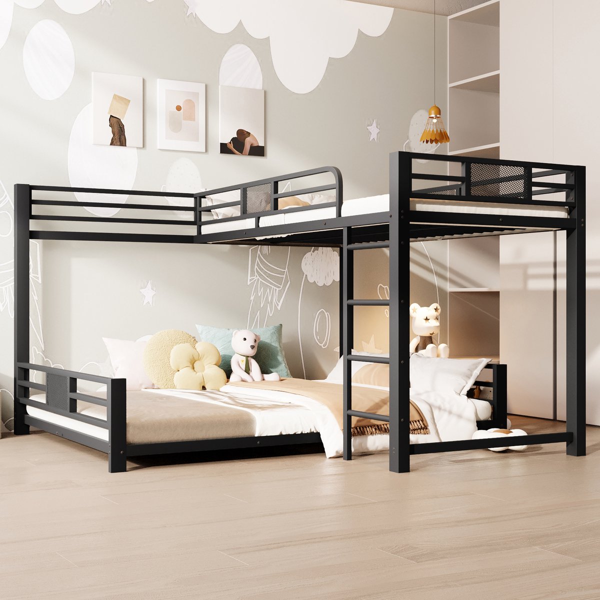 REDOM L-vormig stapelbed – Zwart (metalen frame) – Boven 90x200 / onder 140x200 cm – L-vormige opstelling – Beschermhekken rondom – Metalen lattenbodems – 200 kg