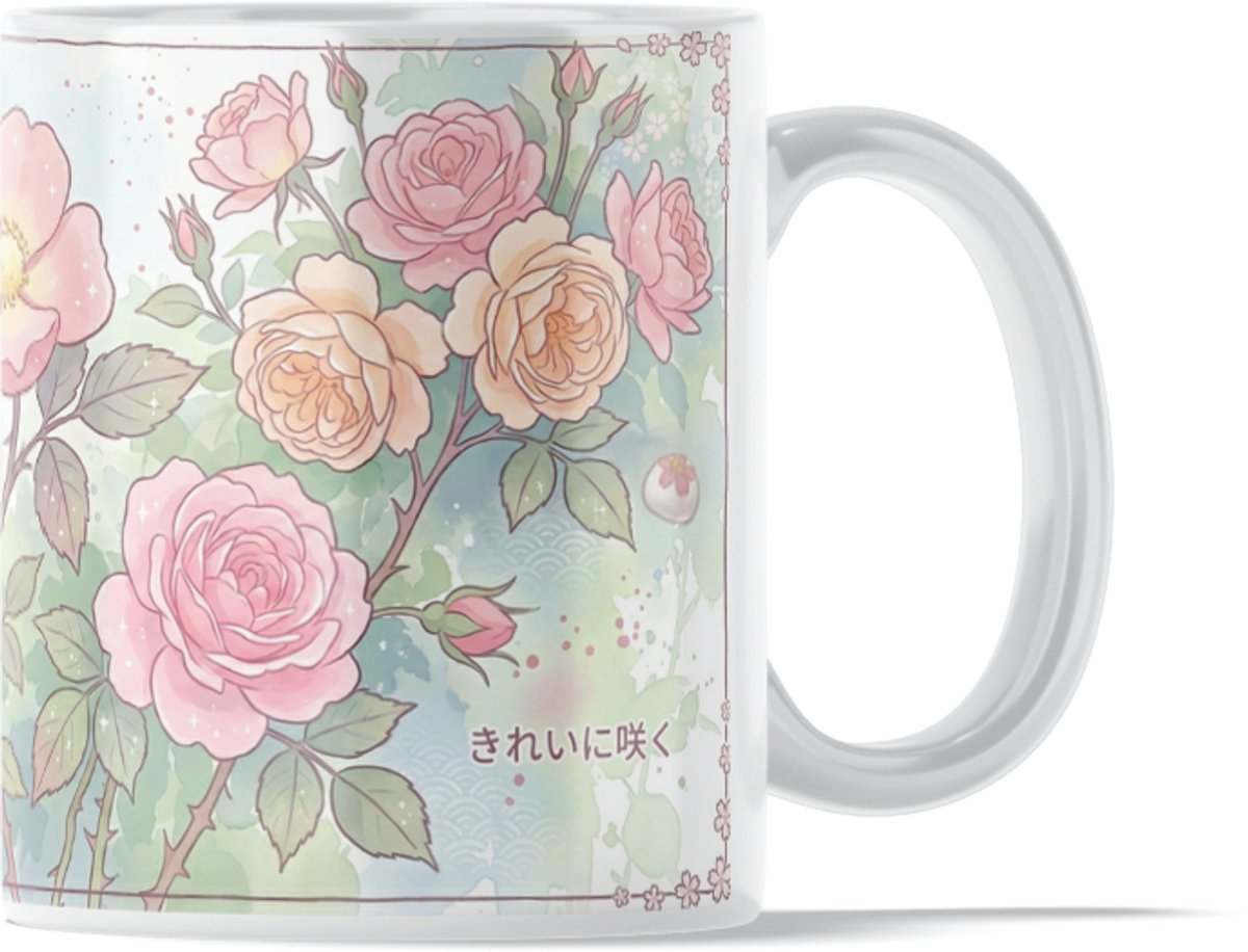 Kawaii Pastel Rozen & Bloemen Koffiemok Theebeker - Aquarel Botanisch Design voor op Kantoor en Werkplek - Lief Cadeau voor haar: Vrouw, Vriendin of Collega - Romantische Lente Decoratie Bureau Accessoire - Japanse Stijl