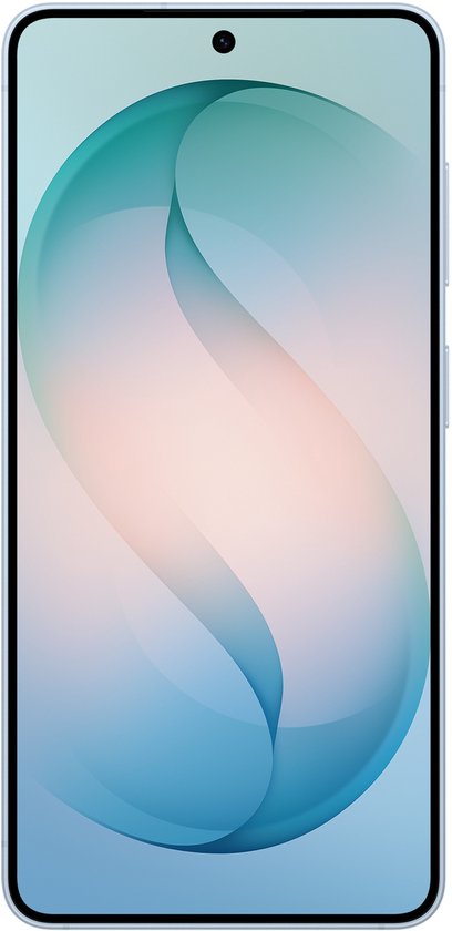 Vooraanzicht van een lichtblauwe Samsung Galaxy S26+ smartphone met een groot scherm met een abstract design.