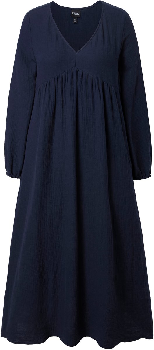 Ulla Popken - Dames - Mousseline jurk A-lijn V-hals lange mouwen - Marine - Maat 46+