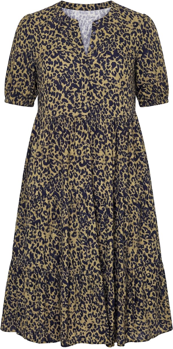 Studio Untold - Dames - Maxi-jurk A-lijn gekleurd luipaardmotief volants - Olijf - Maat 46+