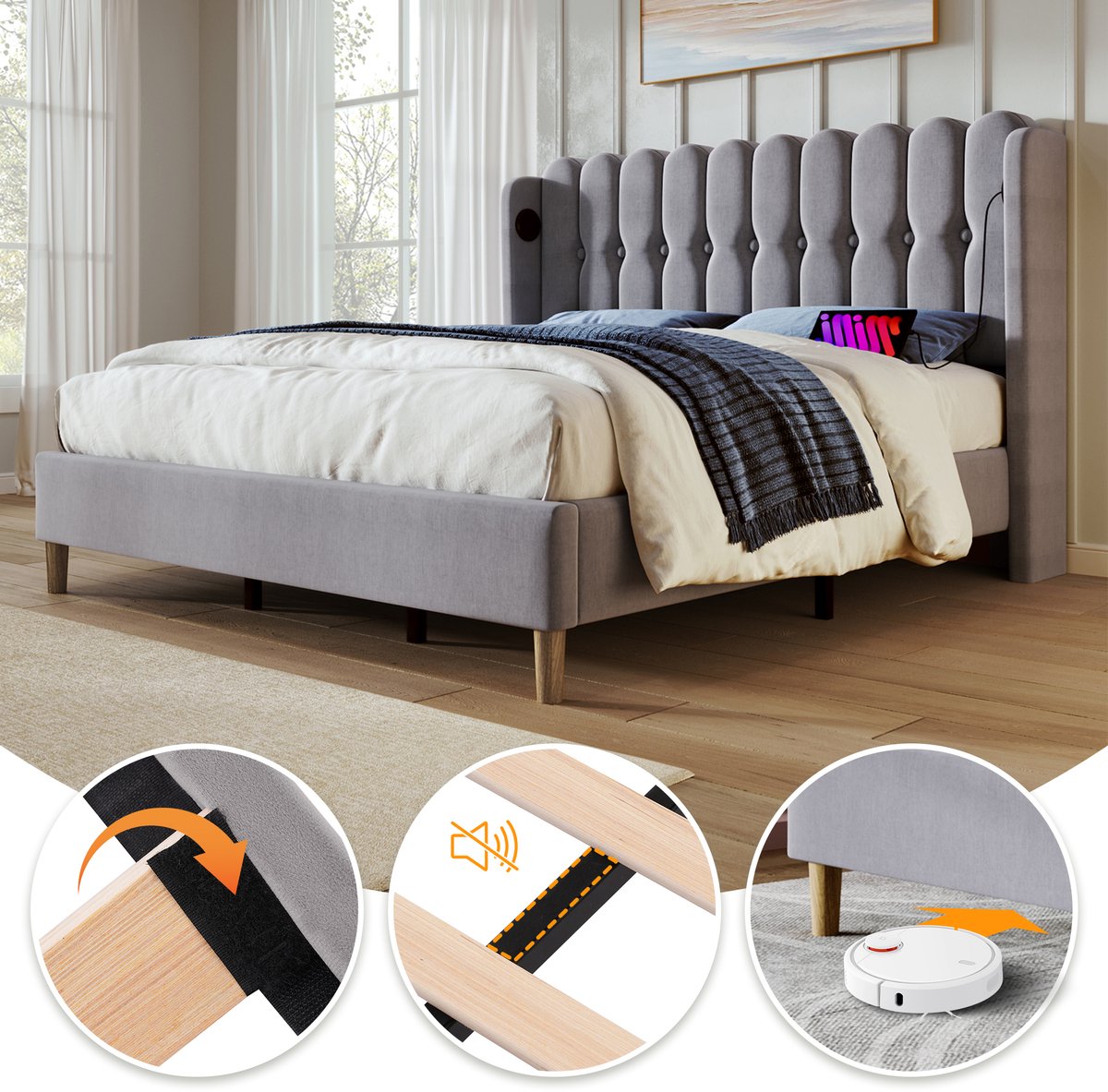 HAUSS SPOLE Gestoffeerd Bed 160x200cm - Tweepersoonsbed Met Paneelhoofdeinde - USB & Type-C Oplaadpunt en Lattenbodem - Linnen Bekleding - Zonder matras - Grijs