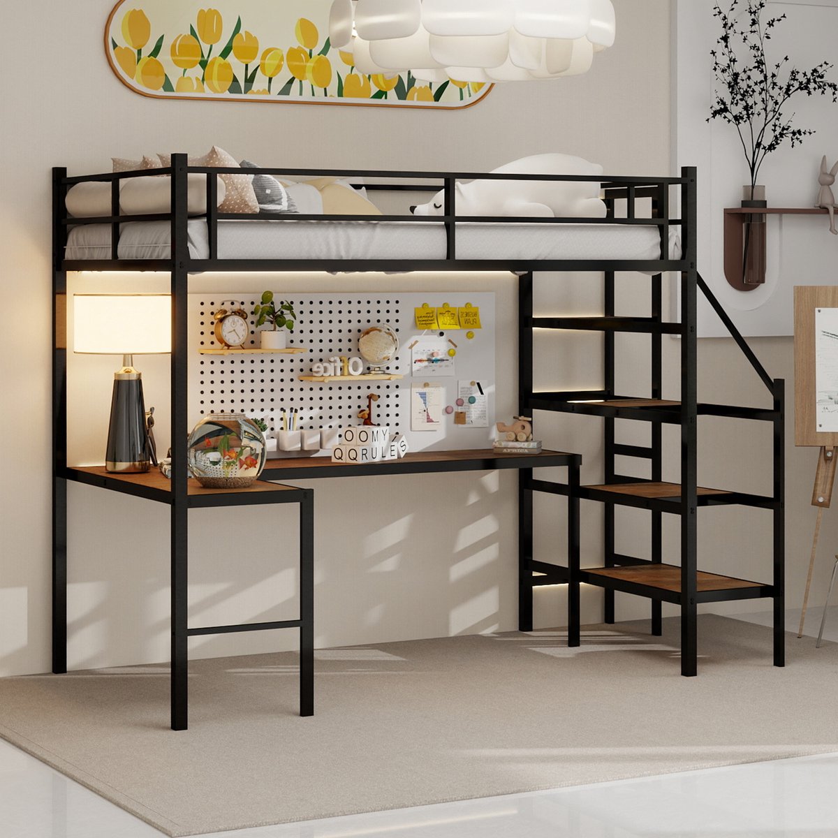 HAUSS SPOLE Metalen Hoogslaper 90x200 Cm - Met L Vormig Bureau En Opbergtrappen - Met 360 Graden Reling - Zonder Matras - IJzer - Zwart