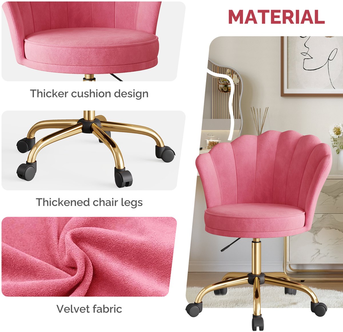Kary International Fluwelen Bureaustoel Verstelbaar met Wieltjes Roze - afbeelding 2