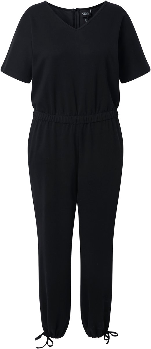 Ulla Popken - Dames - Jumpsuit V-hals elastische taille korte vleermuismouwen - Zwart - Maat 46