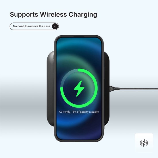 Smartphone charging wirelessly, 75% battery capacity, no case needed.