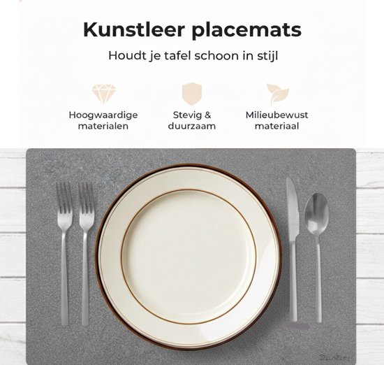 Plamiloy Luxe Kunstleer Placemat Set van 6 – Antislip & Waterafstotend – Leerlook Tafelmatten 45 x 30 cm – Grijs – Duurzame en Onderhoudsvriendelijke Placemat