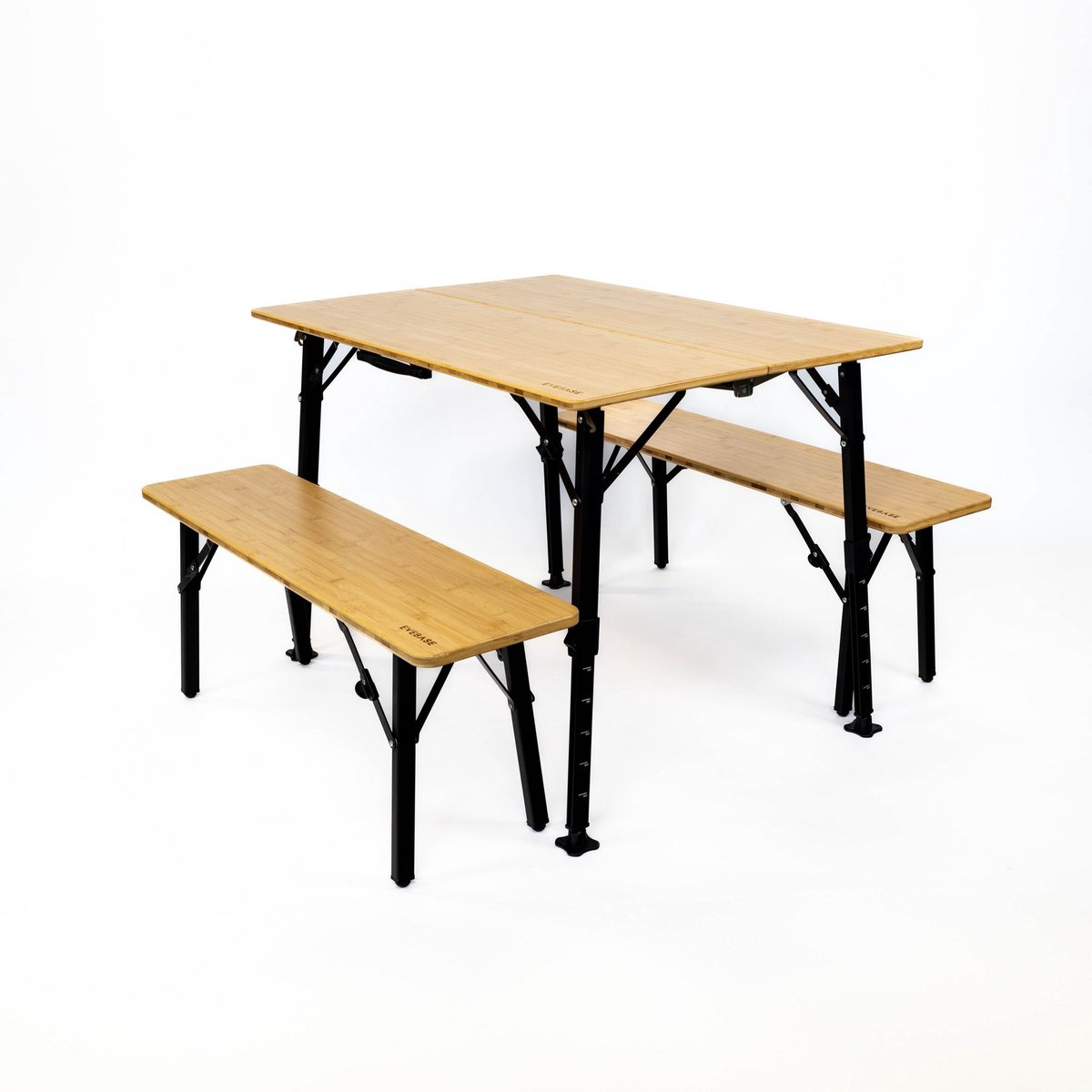 EveBase® Flex Bamboe Campingtafelset - Inklapbare Campingtafel en Campingbankjes - In Hoogte Verstelbare Tafel - Weersbestendig - Met Opbergtas