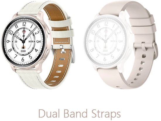 Een witte smartwatch met witte leren band en een reserve lichtpaarse band ernaast.