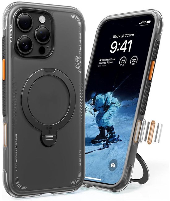Étui TORRAS Convenant à Apple iPhone 16 Pro Max - Ostand Q3 Air Spin - Compatible avec MagSafe / Qi2 - Coque arrière avec Aimant - Ring Standard Rotatif à 360° - Zwart