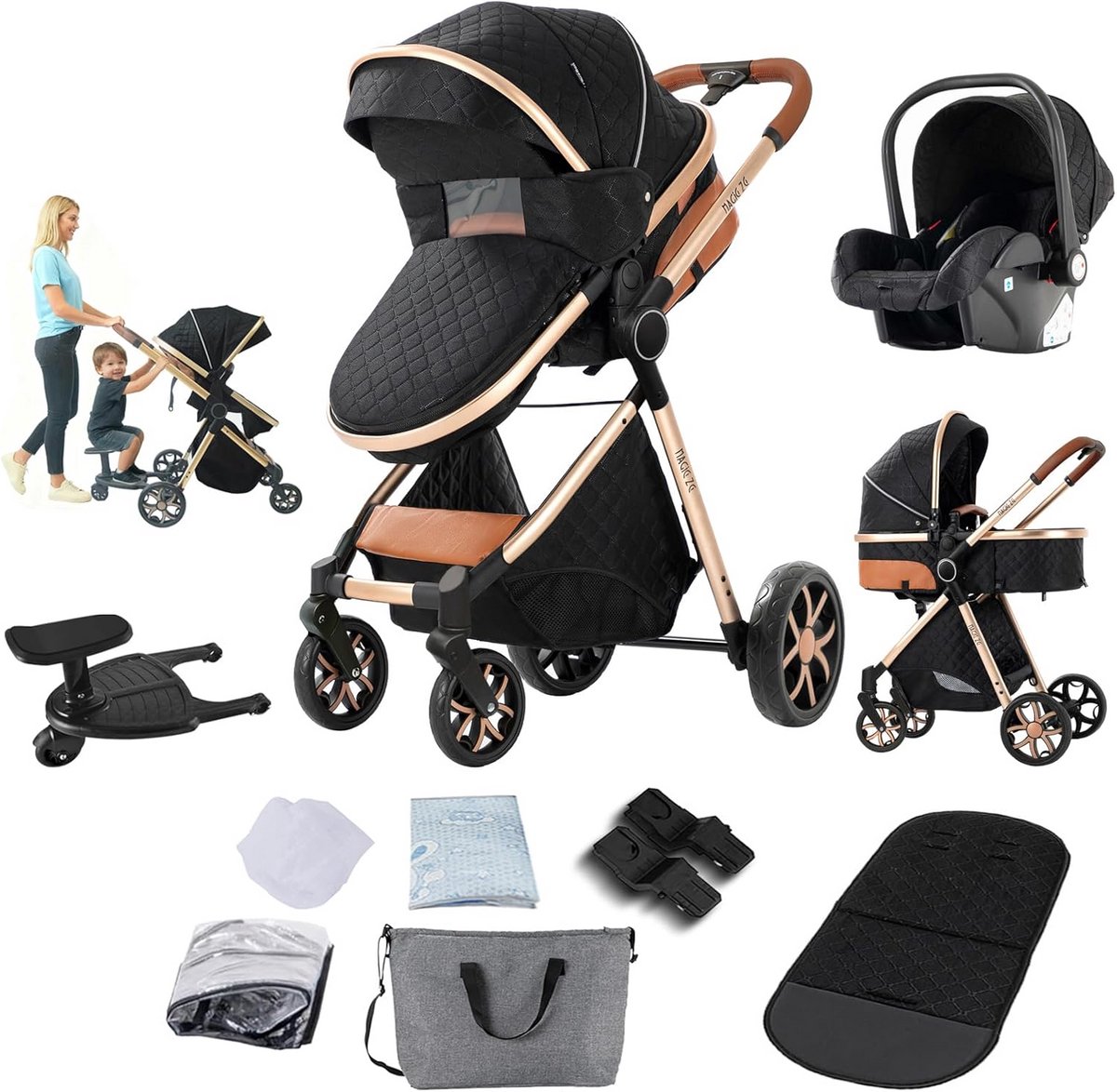 3-in-1 Baby Kinderwagen met Omkeerbare Zitstand en Inklapbaar Frame