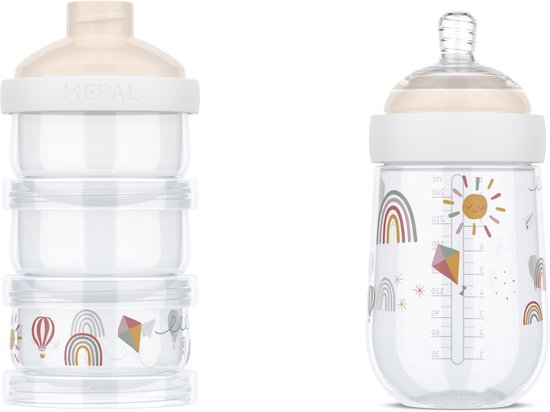 Mepal Melkpoedertoren + babyfles 240 ml Mio - Set voor flesvoeding - Sunshine & Rainbow