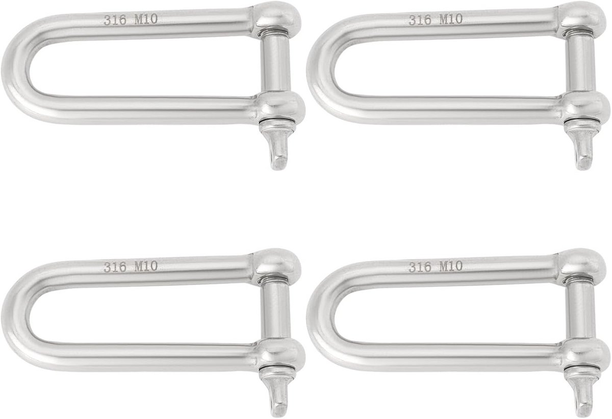 4x D-Sluiting 10mm Lange Vorm Beugel RVS met Oog voor Watersport en Buitenactiviteiten