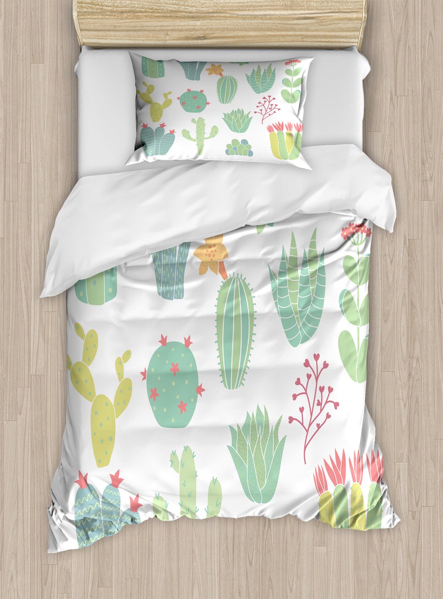 ABAKUHAUS Cactus Dekbedovertrekset voor eenpersoonsbedden, handgetekende cactussen, inclusief kussensloop, 130 x 200 cm